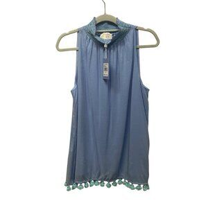 NWT Sail To Sable Periwinkle Sleeveless Top With Crochet Neckline & Pom Trim L